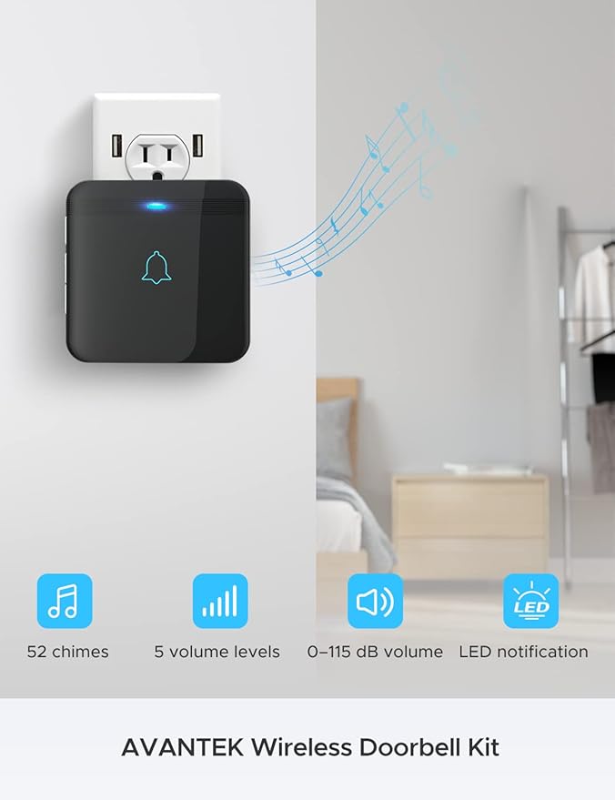 AVANTEK Wireless Doorbell, D-3G Waterproof Chime Kit Operating at Over 1300 Feet with 52 Melodies, 5 Volume Levels & LED Flash
