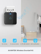 AVANTEK Wireless Doorbell, D-3G Waterproof Chime Kit Operating at Over 1300 Feet with 52 Melodies, 5 Volume Levels & LED Flash