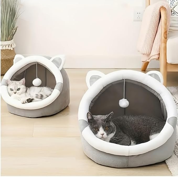 Cozy Cat Cave Pet Bed, Gray and White, 3, Indoor Cat House with Hanging Toy Ball, Soft Plush Cat Dome Bed for Small to Large Cats