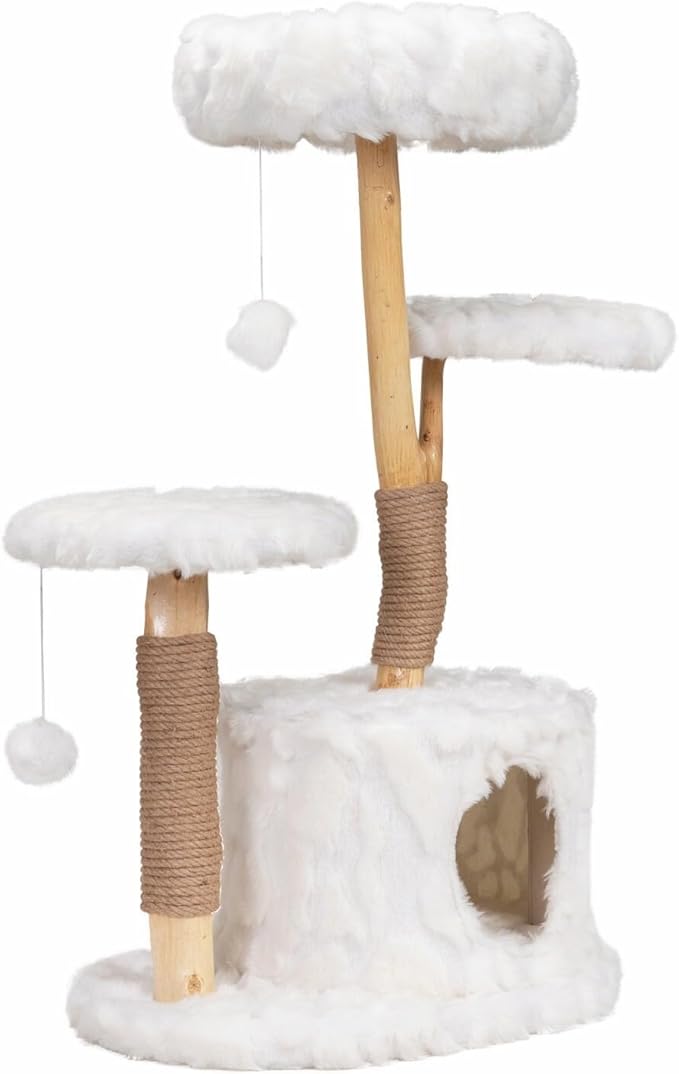 Cloud Cat Tree for Indoor Cats, 42" Modern Aesthetic Cat Tower with Solid Wood Branches, Top Cat Bed, Side Perch, Large Condo, Scratching Posts, Cat-Approved, White