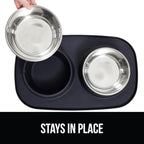 GORILLA GRIP Feeding Mat Bowl Set, 3 Cup 100% Waterproof BPA Free Silicone Base, 304 Stainless Steel Cat and Dog Bowls for Food and Water, Slip Resistant, High Edge, US Designed, Patent Pending, Black