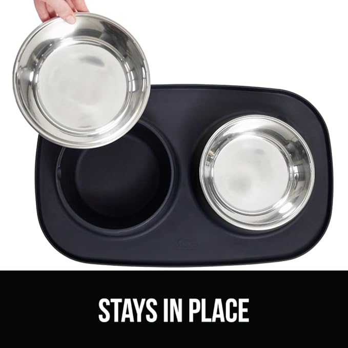 GORILLA GRIP Feeding Mat Bowl Set, 3 Cup 100% Waterproof BPA Free Silicone Base, 304 Stainless Steel Cat and Dog Bowls for Food and Water, Slip Resistant, High Edge, US Designed, Patent Pending, Black