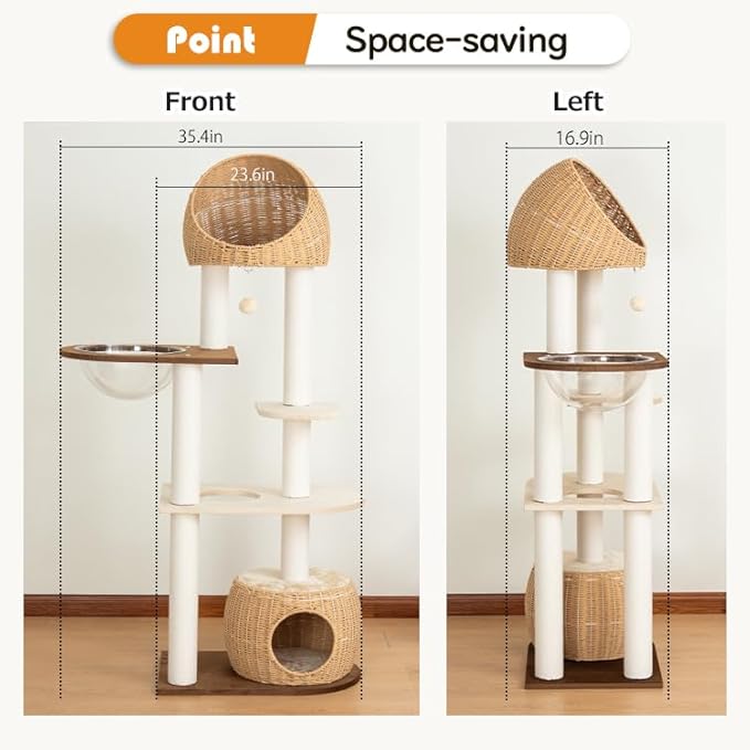 Modern Cat Tree for Large Cat, 60-Inch Tall Cat Tower with Scratching Post for Indoor Cats, Multi-Level Cat Condo with Hand-Woven Cat Bed and Acrylic Bowl