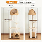 Modern Cat Tree for Large Cat, 60-Inch Tall Cat Tower with Scratching Post for Indoor Cats, Multi-Level Cat Condo with Hand-Woven Cat Bed and Acrylic Bowl