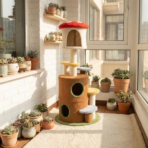 Mushroom Cat Tree with Cozy Condo & Scratching Ladder – 59" Multi-Level Play Tower