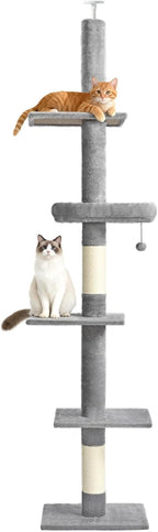 Floor to Ceiling Cat Tree, Cat Tower with Adjustable Height 98-110 Inches, 5 Tiers Tall Cat Tree Floor to Ceiling with Cozy Bed,Platforms, Sisal Scratching Posts for Cats, Soft Gray
