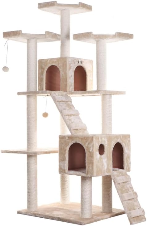 Cat Tree Multi-Level - Scratching Posts, Play Platforms & Cozy Hideaway - Beige Faux Fur Cat Furniture