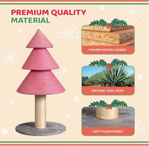 VINGLI 31.5in Christmas Tree Cat Scratcher, Pink Cat Scratching Post for Indoor Cats, Large Sisal Cat Scratching Tree Tower with Soft Fleece Base, Stable Cat Tree for Kittens & Adult Cats