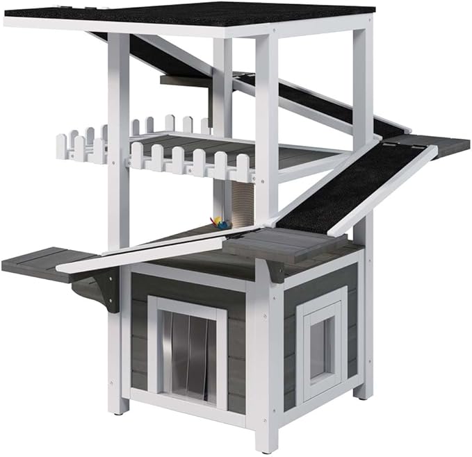 4-Tier Outdoor Cat Tree with Shelter, Wooden Cat Tower with Scratching Post, Cat Outdoor Enclosure, Weatherproof Roof, Easy Assembly, Pine (Grey+White)