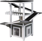 4-Tier Outdoor Cat Tree with Shelter, Wooden Cat Tower with Scratching Post, Cat Outdoor Enclosure, Weatherproof Roof, Easy Assembly, Pine (Grey+White)