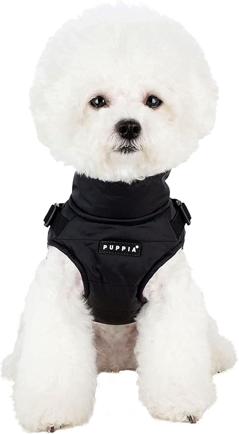 Puppia Mountaineer Winter Dog Coat with integrated harness No Pull Cold Weather Waterproof Warm Fleece Back Zipper for Small & Medium Dog, BLACK, XX-Large