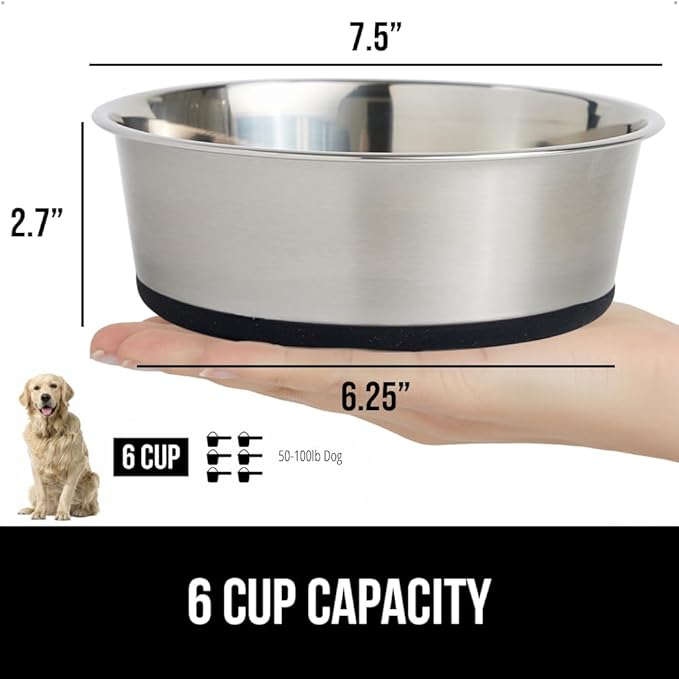 GORILLA GRIP Dog Bowl, Holds 6 Cups (48 fl oz), Food Grade 304 Stainless Steel Food and Water Bowl for Feeding Dogs and Cats, BPA Free Rubber Base, Easy Clean, Dishwasher Safe, Rust Resistant, Black