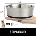 GORILLA GRIP Dog Bowl, Holds 6 Cups (48 fl oz), Food Grade 304 Stainless Steel Food and Water Bowl for Feeding Dogs and Cats, BPA Free Rubber Base, Easy Clean, Dishwasher Safe, Rust Resistant, Black