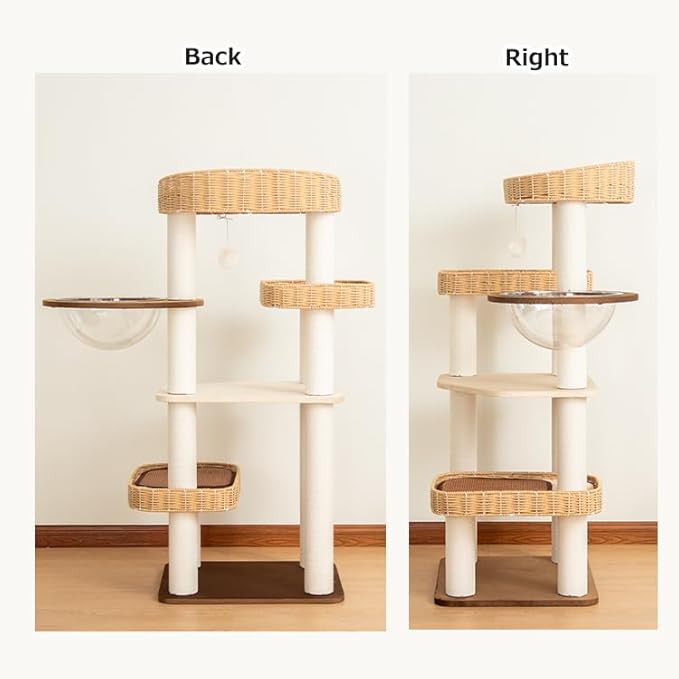 Modern Cat Tree for Large Cat, 48-Inch Tall Cat Tower with Scratching Post for Indoor Cats, Multi-Level Cat Condo with Hand-Woven Cat Bed and Acrylic Bowl