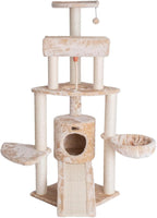 Maykoosh Electic Elegance Spacious Thick Fur Cat Tower Real Wood Furniture with Basket Lounge, Ramp Beige Cat Tree, 46" L X 31" W X 58" H, Tree Has A Pressed Wood Base