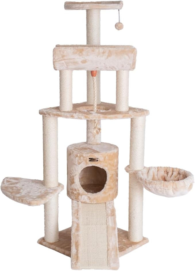 Maykoosh Electic Elegance Spacious Thick Fur Cat Tower Real Wood Furniture with Basket Lounge, Ramp Beige Cat Tree, 46" L X 31" W X 58" H, Tree Has A Pressed Wood Base