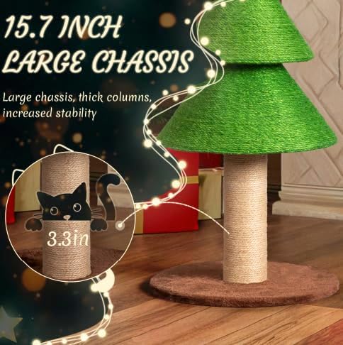 VINGLI 31.5in Christmas Tree Cat Scratcher, Grass Green Cat Scratching Post for Indoor Cats, Large Sisal Cat Scratching Tree Tower with Soft Fleece Base, Stable Cat Tree for Kittens & Adult Cats