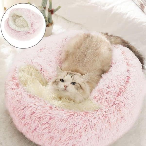 Cat Bed Round Fluffy Hooded Cat Bed Cave, Anti-Anxiety Cave Bed with Hooded Blanket, Cozy Cuddler Luxury Puppy Pet Bed, Anti-Slip Bottom and Machine Washable (Pink, Medium)