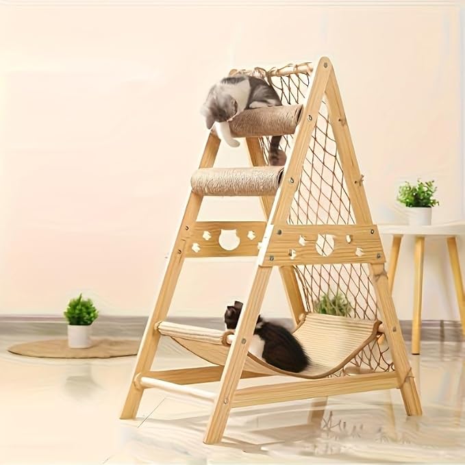 Modern Wooden Cat Tree Tower with Cozy House, Soft Hammock, Scratching Posts and Multi-Level Platforms for Cats to Climb, Rest, and Play