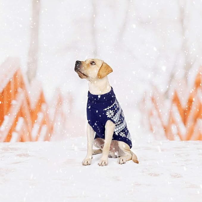 KOOLTAIL Cable Knit Dog Sweater Turtleneck, Cold Weather Pullover Classic Knitwear, Snowflake Pattern Thick Warm Winter Pet Clothes, Dog Christmas Sweater for Small Medium Large Dogs Cats, Navy Blue M