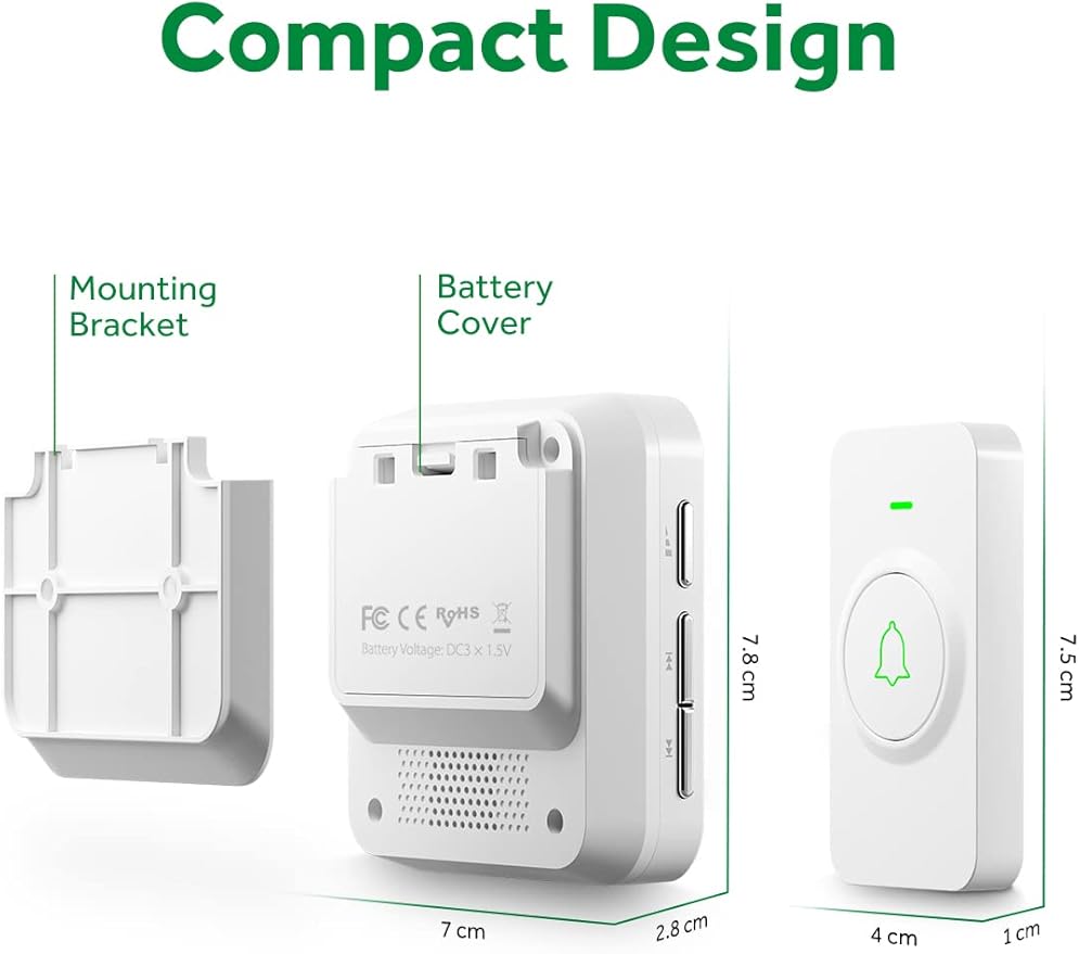 AVANTEK Wireless Door Bell, WA-11 Waterproof Battery Operated Doorbell Chime Operating at 1000 Feet, Portable Door Chime kit with 52 Melodies, 5 Volume Levels, and CD Quality Sound