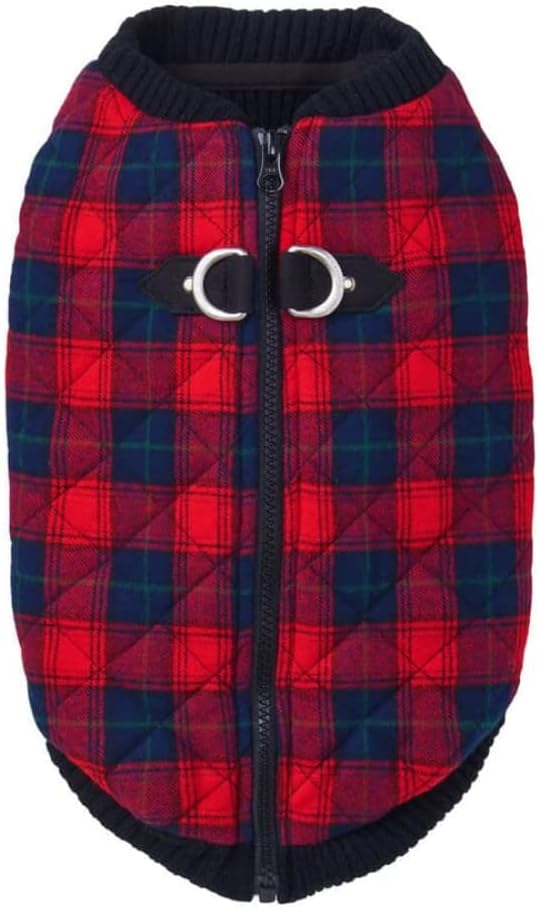 Gooby Fashion Vest Check Dog Jacket - Red Check, Large - Warm Zip Up Bomber Vest with Dual D Ring Leash - Winter Water Resistant Small Dog Sweater