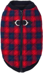 Gooby Fashion Vest Check Dog Jacket - Red Check, Medium - Warm Zip Up Bomber Vest with Dual D Ring Leash - Winter Water Resistant Small Dog Sweater