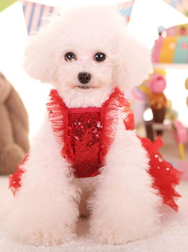 Fashion Sweet Puppy Dog Blingbling Princess Skirt Pet Dog Lace Cake Camisole Tutu Dress Red Small