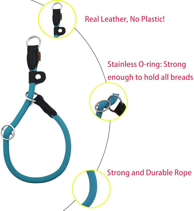 Braided Round Martingale Dog Collar, Training Collar with Slidable Stop Ring and Adjustable Stopper - Ideal for Large Dogs (L(1/2") - 20" Long, Light Blue)