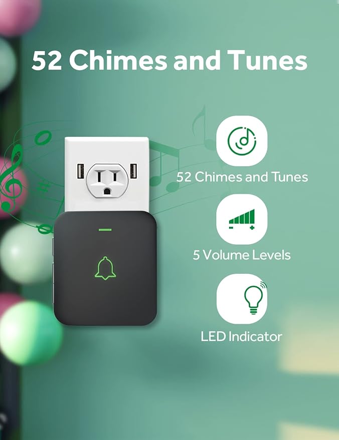 AVANTEK Wireless Door Bell, CB-21 Mini Waterproof Wireless Doorbell Operating at Over 1000 Feet, 2 Remote Buttons Can Have Different Tones, 52 Melodies, CD Quality Sound and LED Flash