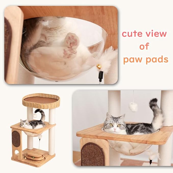 Cat Tree Tower, Freestanding, Stylish, Cushioned Bed, Large Base, for Multiple Cats, Compact, Winter and Summer Use, Summer Mat Included, for Large Cats (81cm Brown)