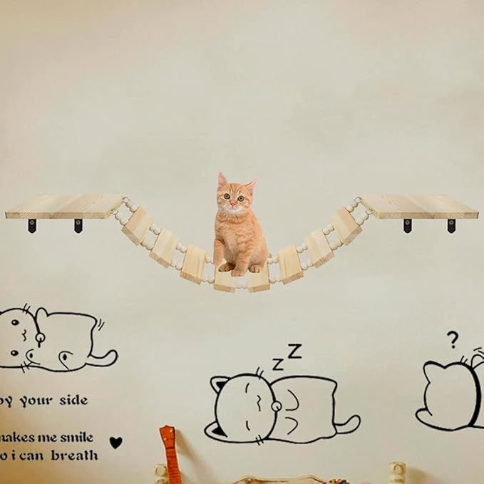 Handcrafted Wooden Cat Climber Tree with Wall Mount Perch, Bridge & Ladder