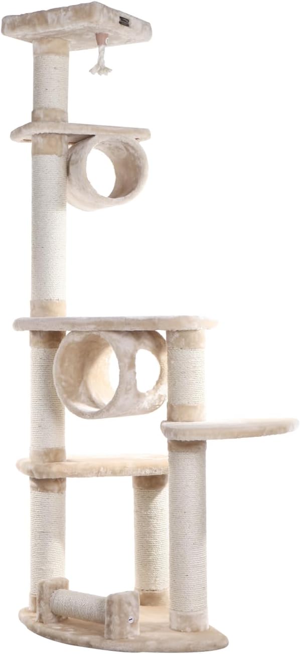 Cat Tree - 36x32x74 - Sisal & Faux-Fur - Tunnel, Toy & Perches - Beige