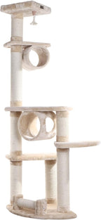 Cat Tree - 36x32x74 - Sisal & Faux-Fur - Tunnel, Toy & Perches - Beige