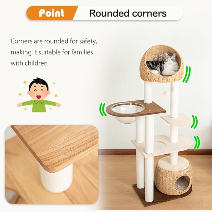 Wood Cat Tree for Large Cats, Modern Indoor Cat Tower with Basket Beds, Cat Condo & Clear Hammock, Multi-Level Wooden Cat Furniture for Home Living Room Decor (Particle Wood)