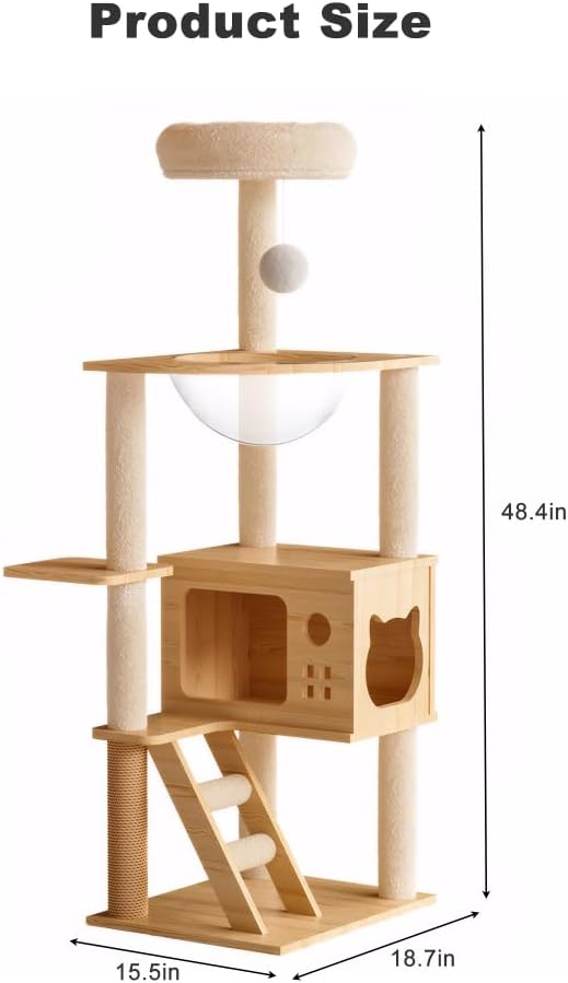 Stylish Cat Tree Tower with Scratching Posts, Cozy Hammock, and Elevated Perch for Indoor Cats – Modern Wooden Design (Natural+White + MDF)