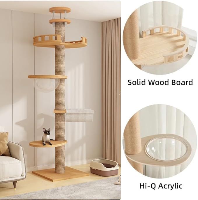 Sturdy Floor to Ceiling Cat Tree - Heavy Duty Solid Wood Column Cat Tower Adjustable Height 6-9.5ft Tall Cat Tower for Large Cats Modern Cat Activity Tree for Indoor Cats