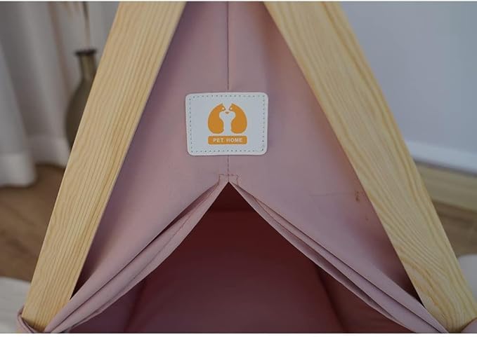 Solid Wood Cat & Dog Indoor Tent with Thick Mat, Teepee Tent & Cave Bed (Pink)