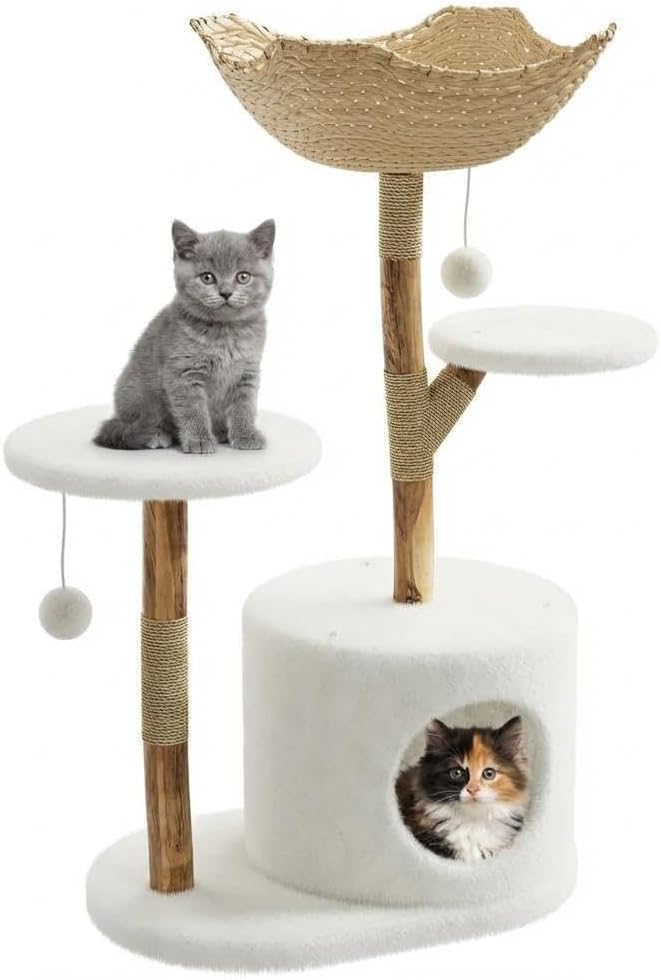 Real Solid Wood Modern Cat Tree Tower with 2 Platforms,Aesthetic Cat Tree for Indoor Cats, Kittens Condo with Scratching Post, Stylish Cat Furniture, Stable Boho Pet Furniture