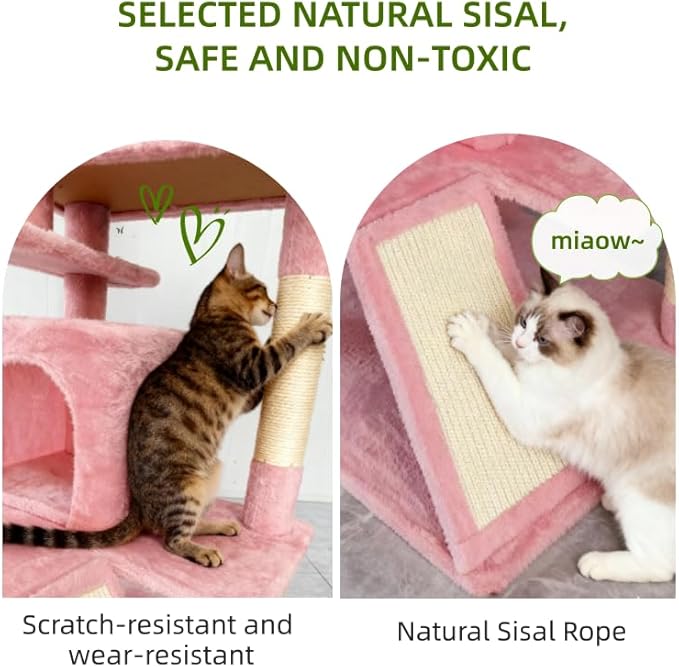 Cat Tree Tower for Indoor Cats,Cat House with Sisal Scratching Post,Multi-Level Cat Condo and 3 Large Platforms (Pink)
