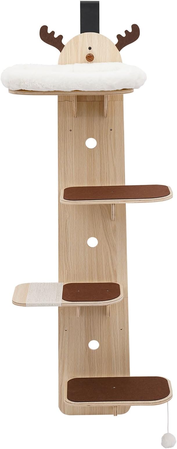 Door Hanging Cat Tree, 4 Tier Vertical Cats Climbing Frame, Door Mounted Cat Tree Tower with Plush Ball, Wooden Cats Climbing Rack for Stair, Foyer, Living Room, Bedroom, Pet Shop