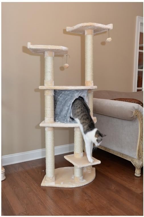 Cat Tree with Scratching Posts & Playhouse - Soft Faux Fur Perches for Cats - Almond