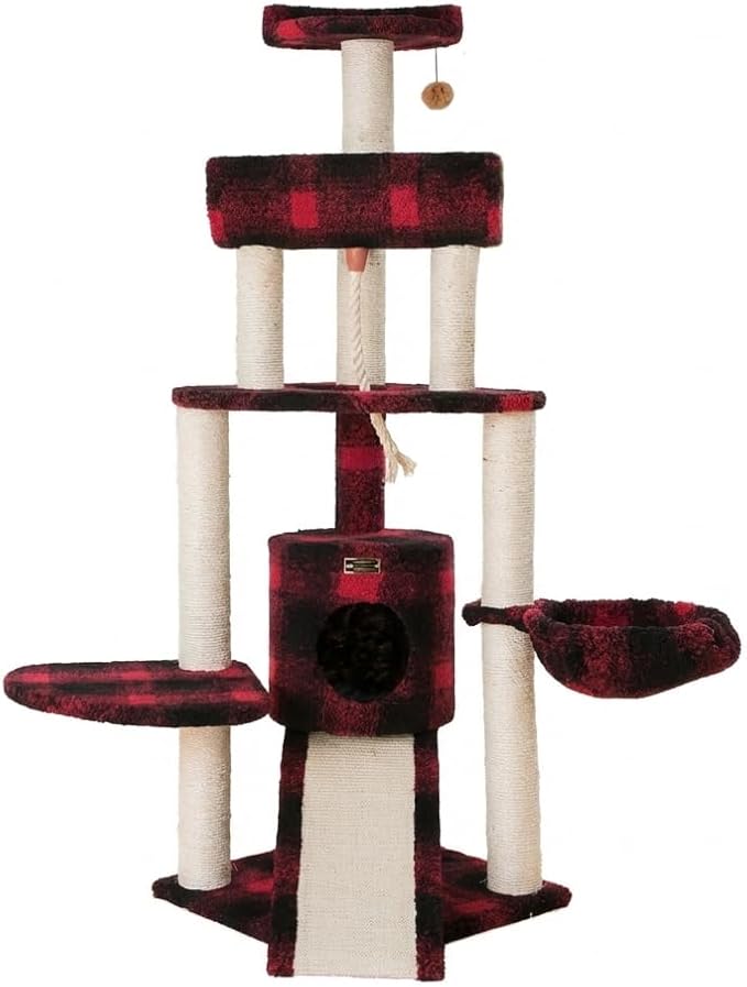Multi-Level Cat Tree with Natural Sisal Scratching Posts, Plush Condo, Perches and Hanging Toy, Red Buffalo Plaid, 58" Height
