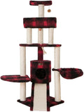 Multi-Level Cat Tree with Natural Sisal Scratching Posts, Plush Condo, Perches and Hanging Toy, Red Buffalo Plaid, 58" Height