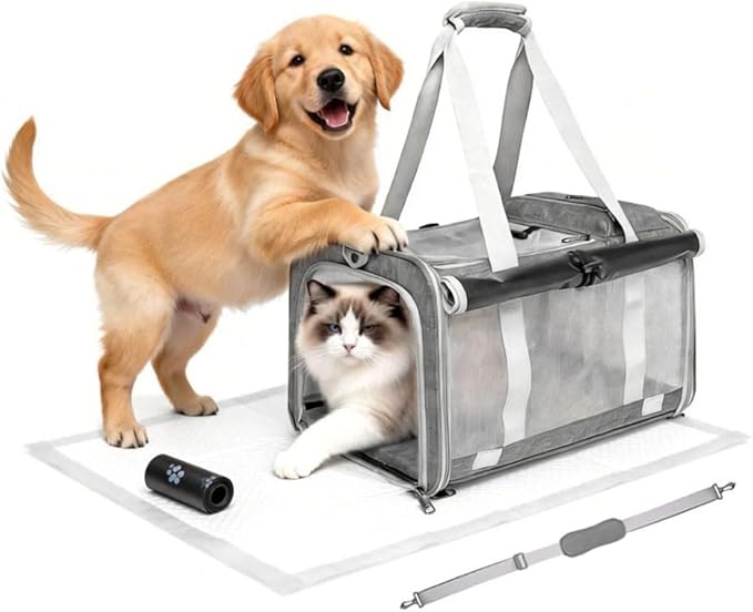 Cat Carrier Soft Sided Dog Carrier Airline Approved Pet Carrier for Dog/Cat Bag (17.32×9.84×10.63 in) with 1 Poop Bags,5 Pee Pads,Ideal for Medium-Large Cats Small Dogs