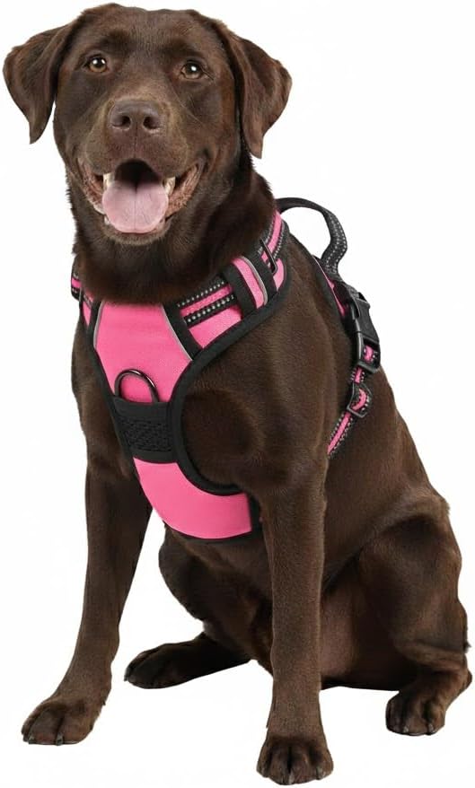 No Pull Dog Harness, Reflective Comfortable Vest Harness with Front & Back Easy Control Handle Adjustable Soft Padded Pet Vest for Small to Large Dogs(Pink,XL)