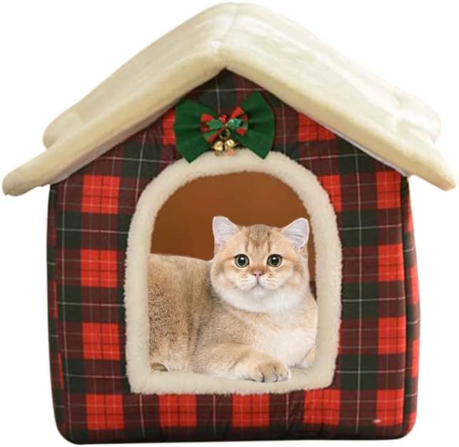 Christmas Cat Bed for Indoor Cats Plaid Xmas Cat Tent Cats Bed Cave for Pets Kittens and Dogs (Christmas Plaid, L (20.5 X 17 X 19.7 Inch))