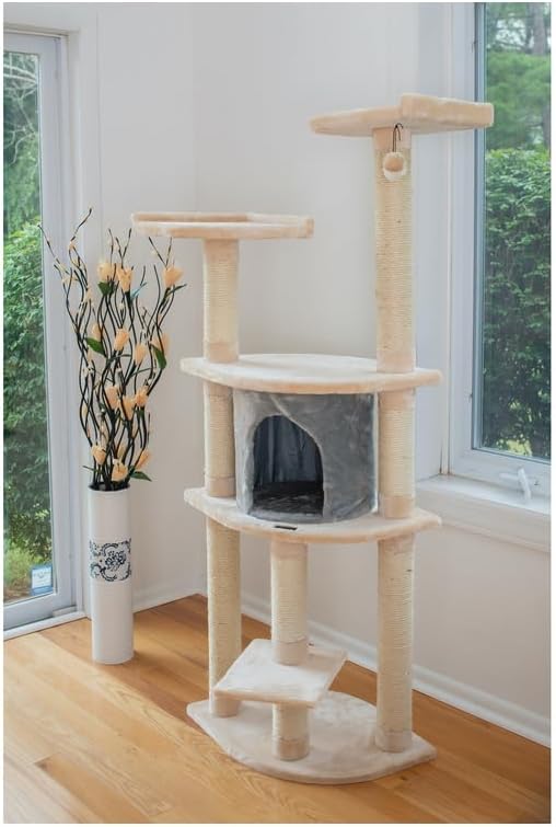 Cat Tree with Scratching Posts & Playhouse - Soft Faux Fur Perches for Cats - Almond