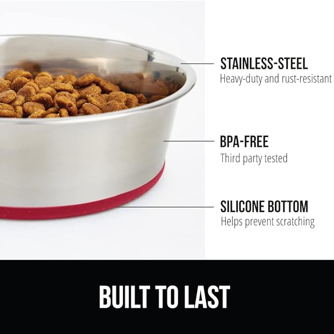 GORILLA GRIP Dog Bowl, Holds 2 Cups (16 fl oz), Food Grade 304 Stainless Steel Food and Water Bowl for Feeding Dogs and Cats, BPA Free Rubber Base, Easy Clean, Dishwasher Safe, Rust Resistant, Red