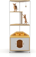 Cat Tower for Indoor Cats, Pet Furniture, Cat Tree with Scratching Posts, Cat Condo with Feeding Station and Climbing Platforms, Durable P2 Grade Particle Board, P2 Particle Board(White + Light Oak)